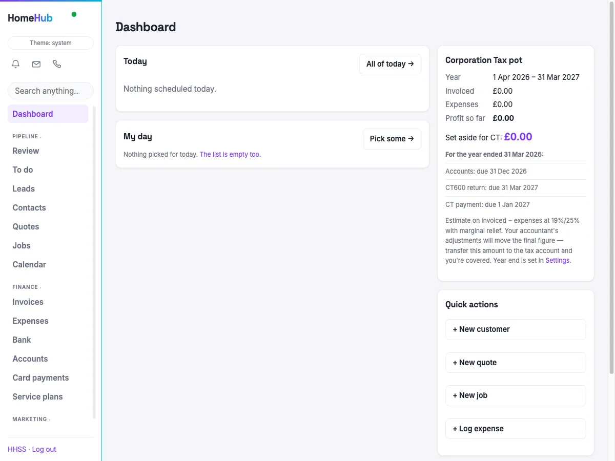 The HomeHub Office dashboard: today's visits, leads, quotes awaiting an answer, open jobs, unpaid invoices and quick actions